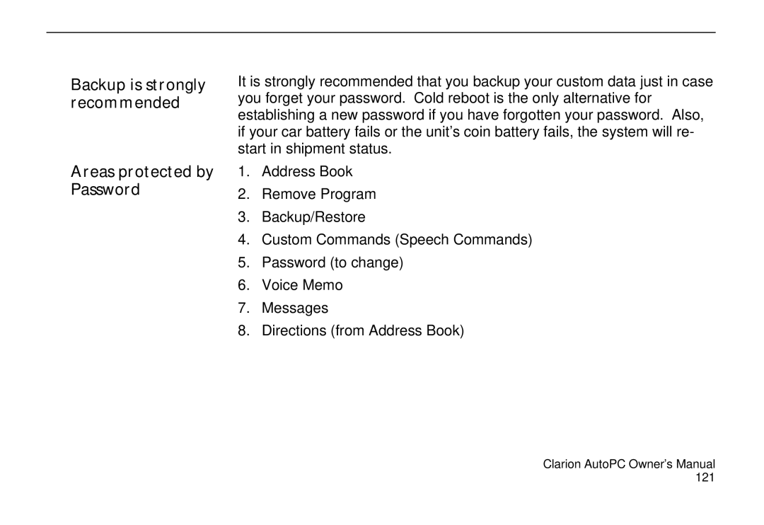 Clarion 310C owner manual Areas protected by Password 