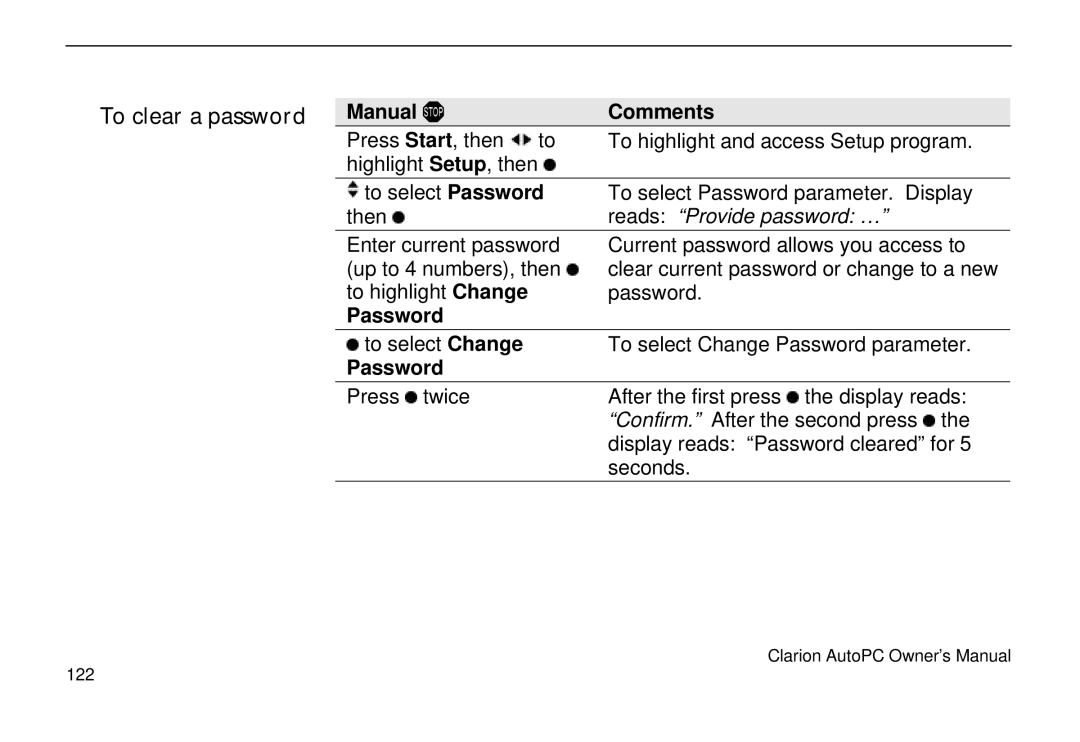 Clarion 310C owner manual To clear a password, Password 