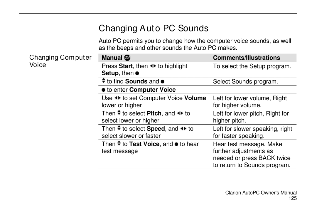 Clarion 310C owner manual Changing Auto PC Sounds, Changing Computer Voice, To enter Computer Voice 