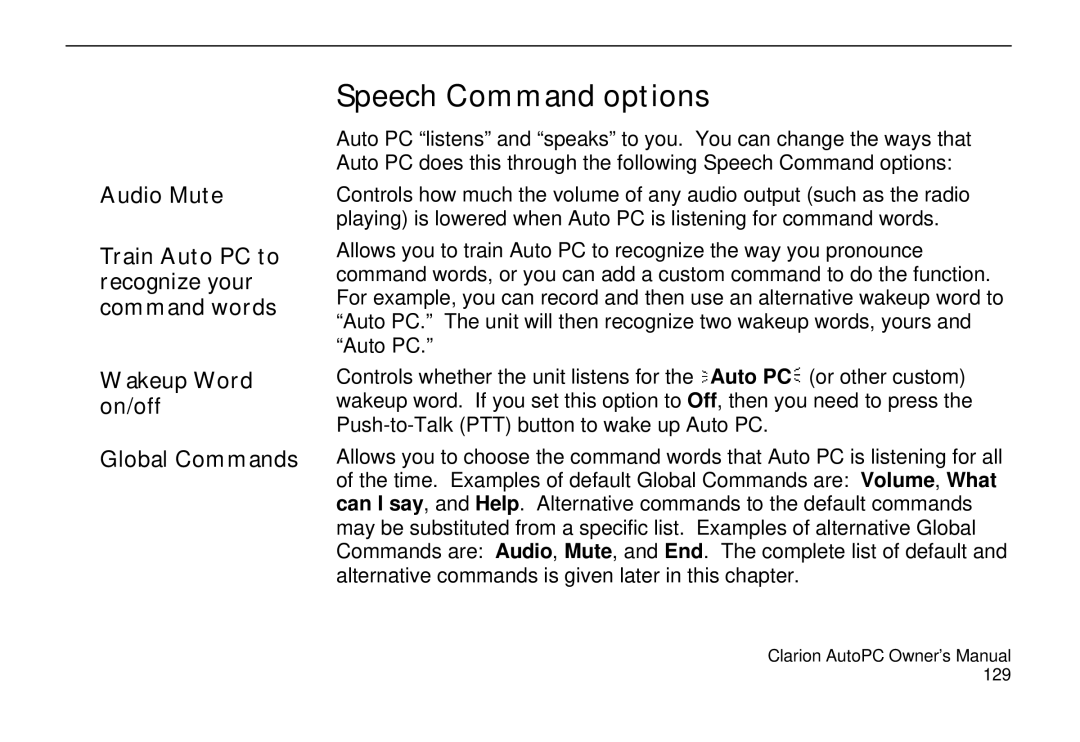 Clarion 310C owner manual Speech Command options 