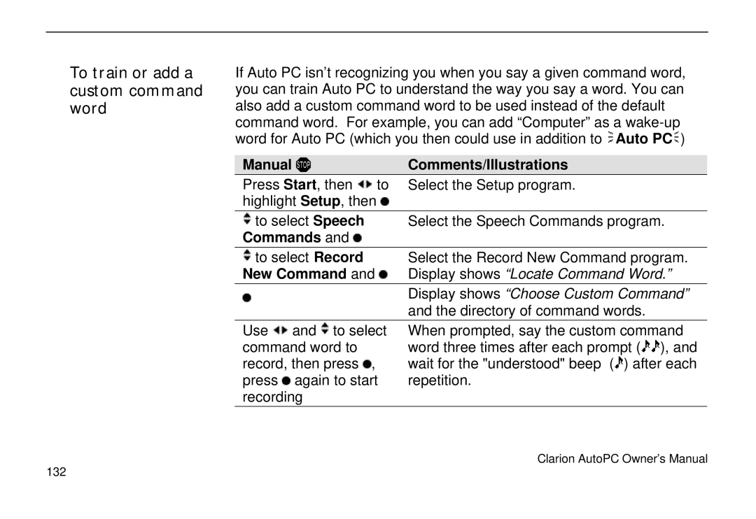 Clarion 310C owner manual To train or add a custom command word, Commands, New Command 