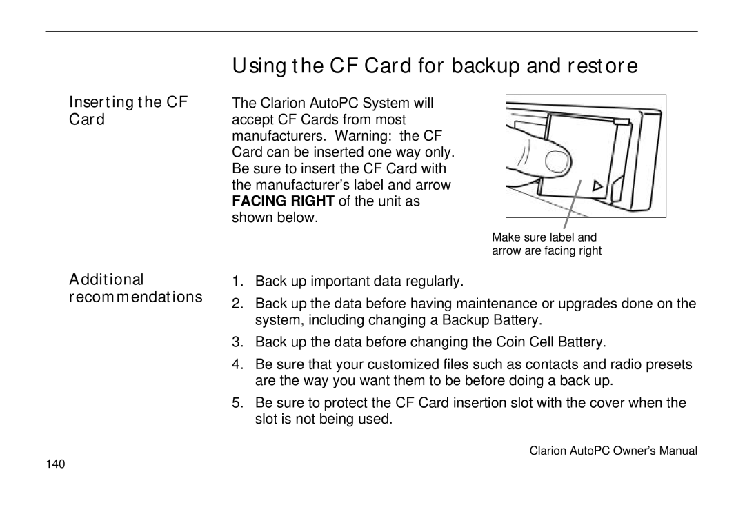 Clarion 310C owner manual Using the CF Card for backup and restore, Inserting the CF Card Additional recommendations 