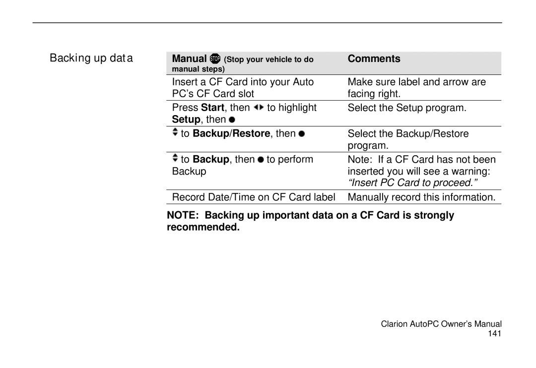 Clarion 310C owner manual Backing up data, To Backup/Restore, then 