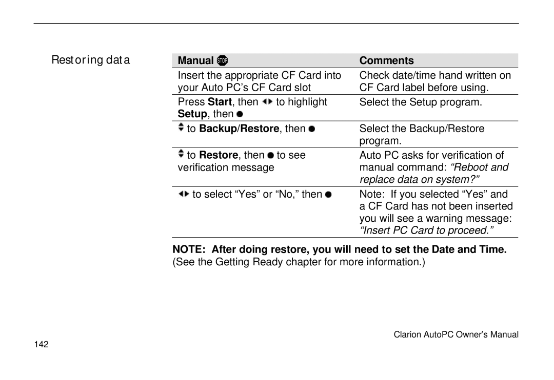 Clarion 310C owner manual Restoring data, To Backup/Restore , then 