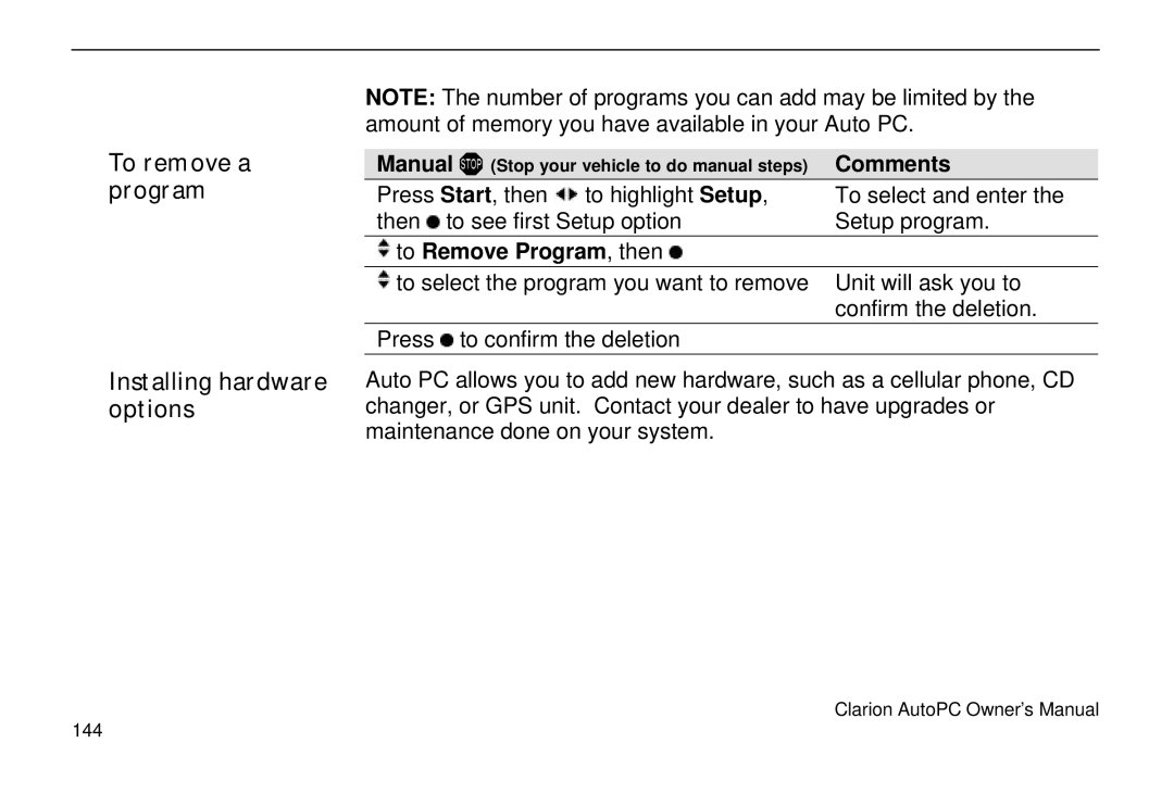 Clarion 310C owner manual To remove a program Installing hardware options, To Remove Program , then 