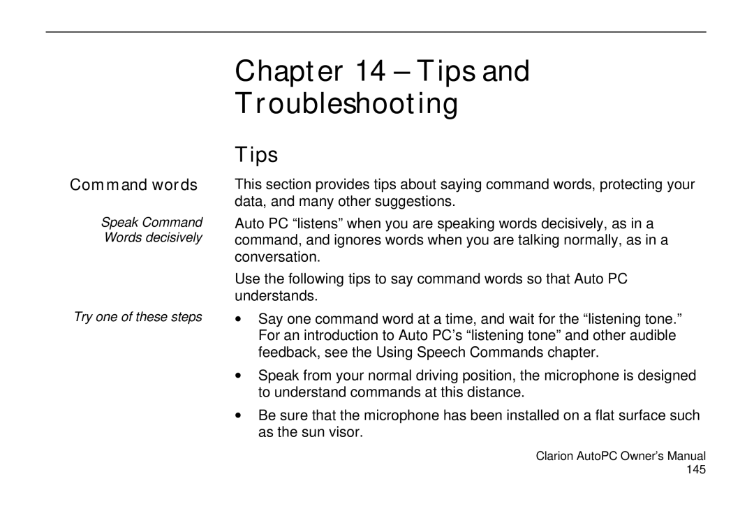 Clarion 310C owner manual Tips Troubleshooting, Command words 