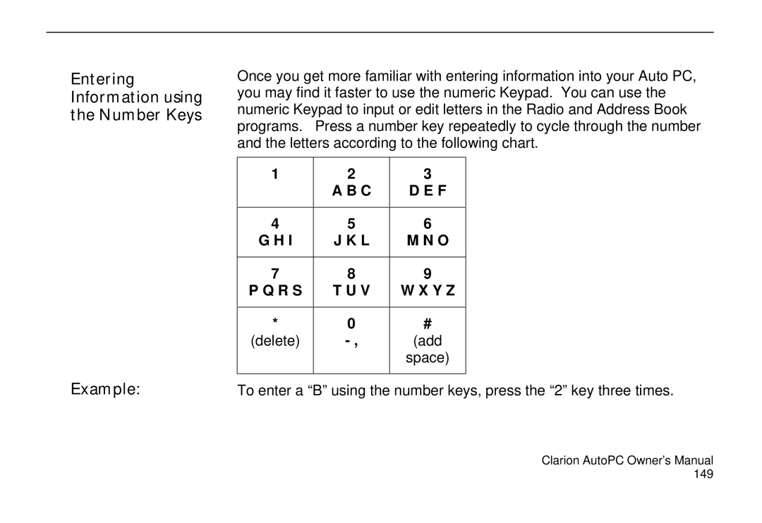 Clarion 310C owner manual Entering Information using the Number Keys Example, Delete Add 