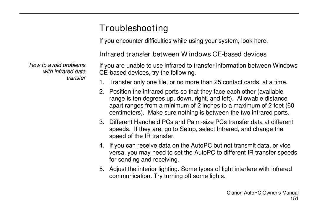 Clarion 310C owner manual Troubleshooting, Infrared transfer between Windows CE-based devices 