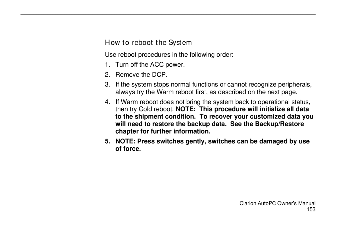 Clarion 310C owner manual How to reboot the System 