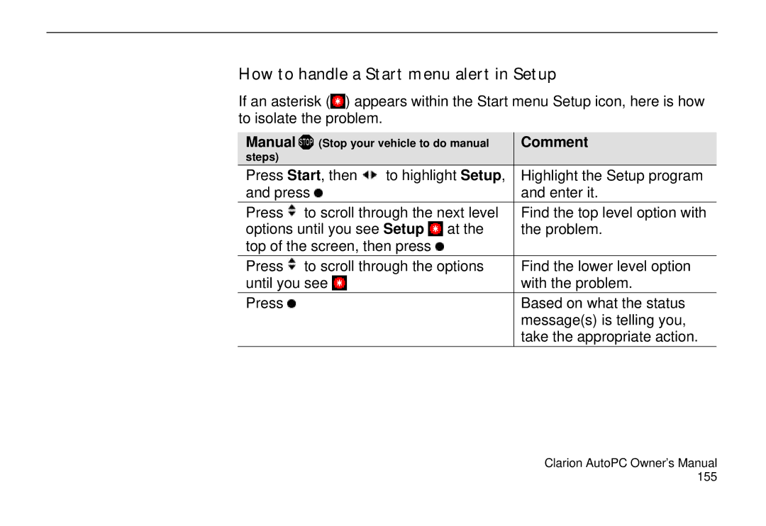 Clarion 310C owner manual How to handle a Start menu alert in Setup, Comment 