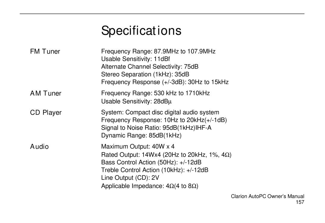 Clarion 310C owner manual Specifications, FM Tuner, AM Tuner, Audio 