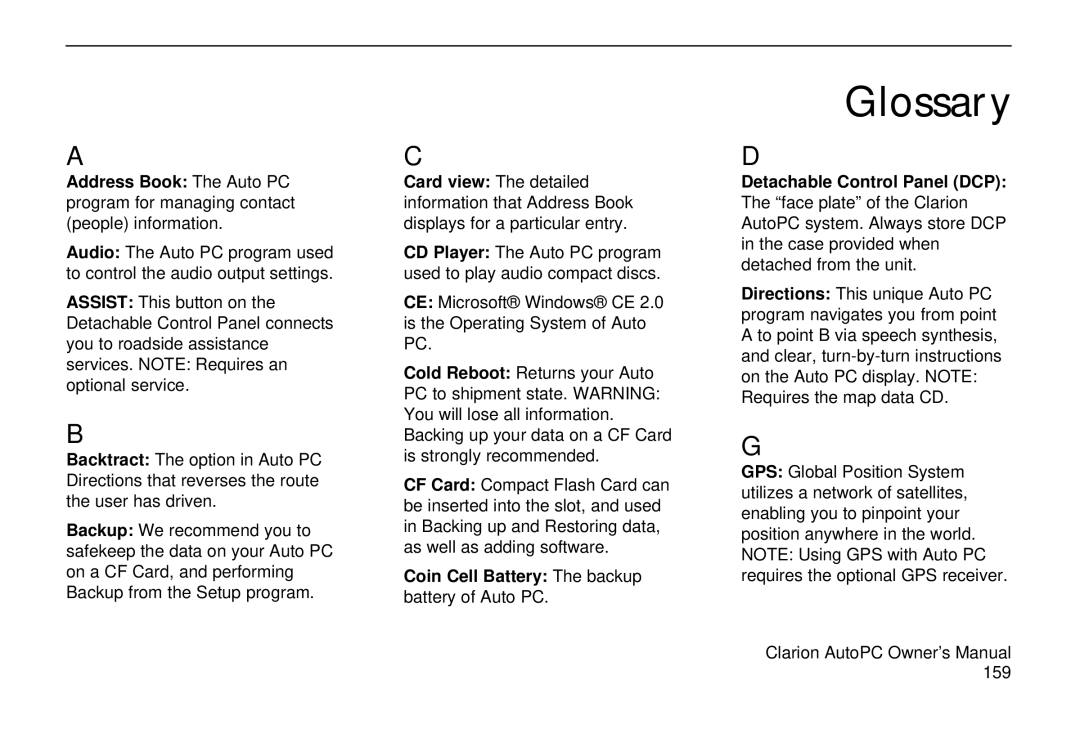 Clarion 310C owner manual Glossary 