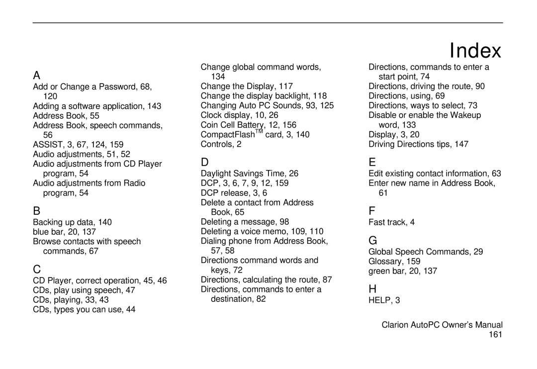 Clarion 310C owner manual Index, Help 