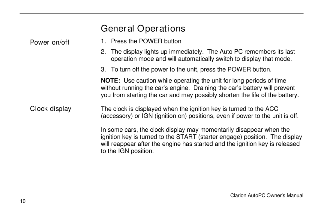 Clarion 310C owner manual General Operations, Power on/off Clock display 