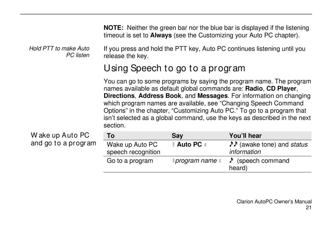 Clarion 310C owner manual Using Speech to go to a program, Wake up Auto PC and go to a program, Say You’ll hear 