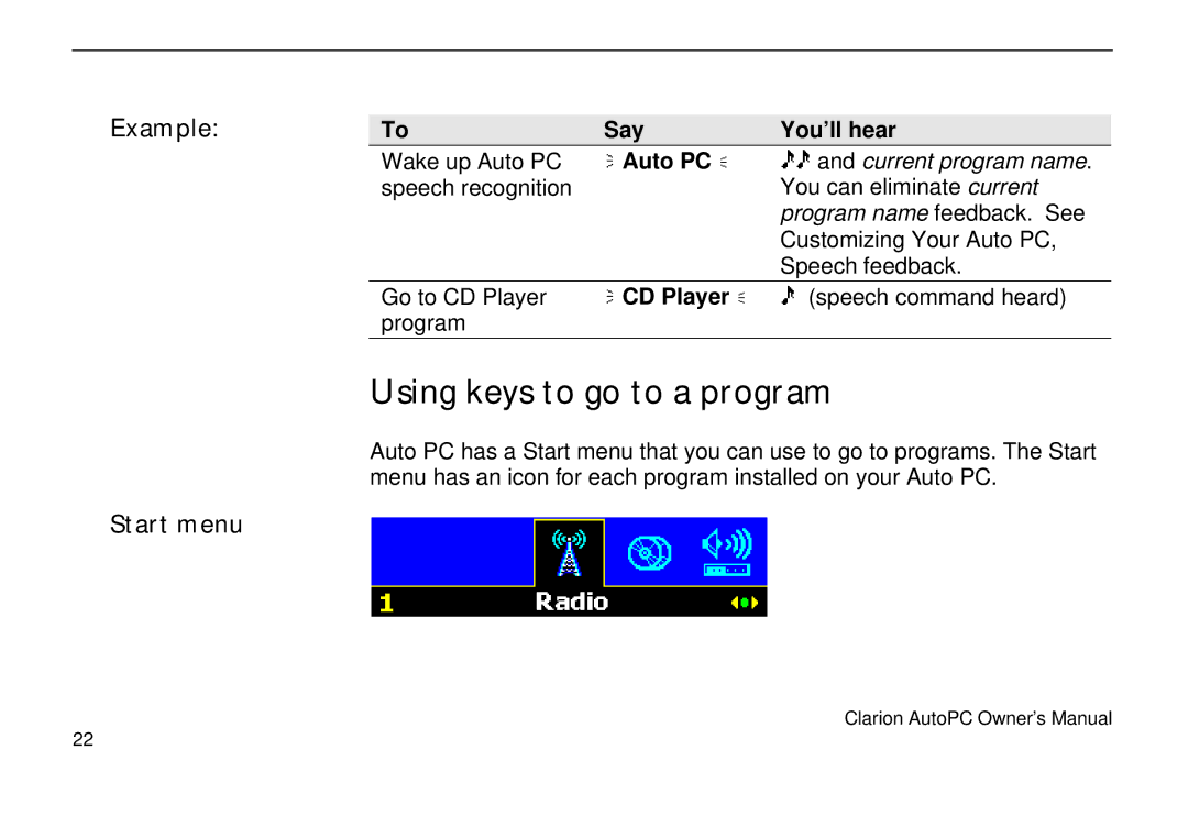 Clarion 310C owner manual Using keys to go to a program, Example Start menu, CD Player 