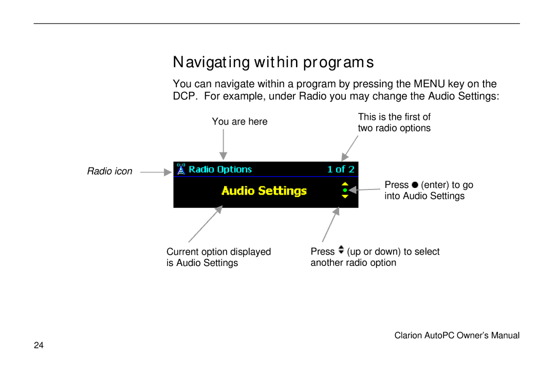 Clarion 310C owner manual Navigating within programs, Radio icon 