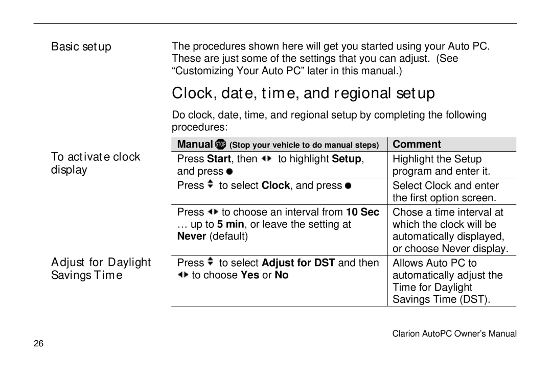 Clarion 310C owner manual Clock, date, time, and regional setup 