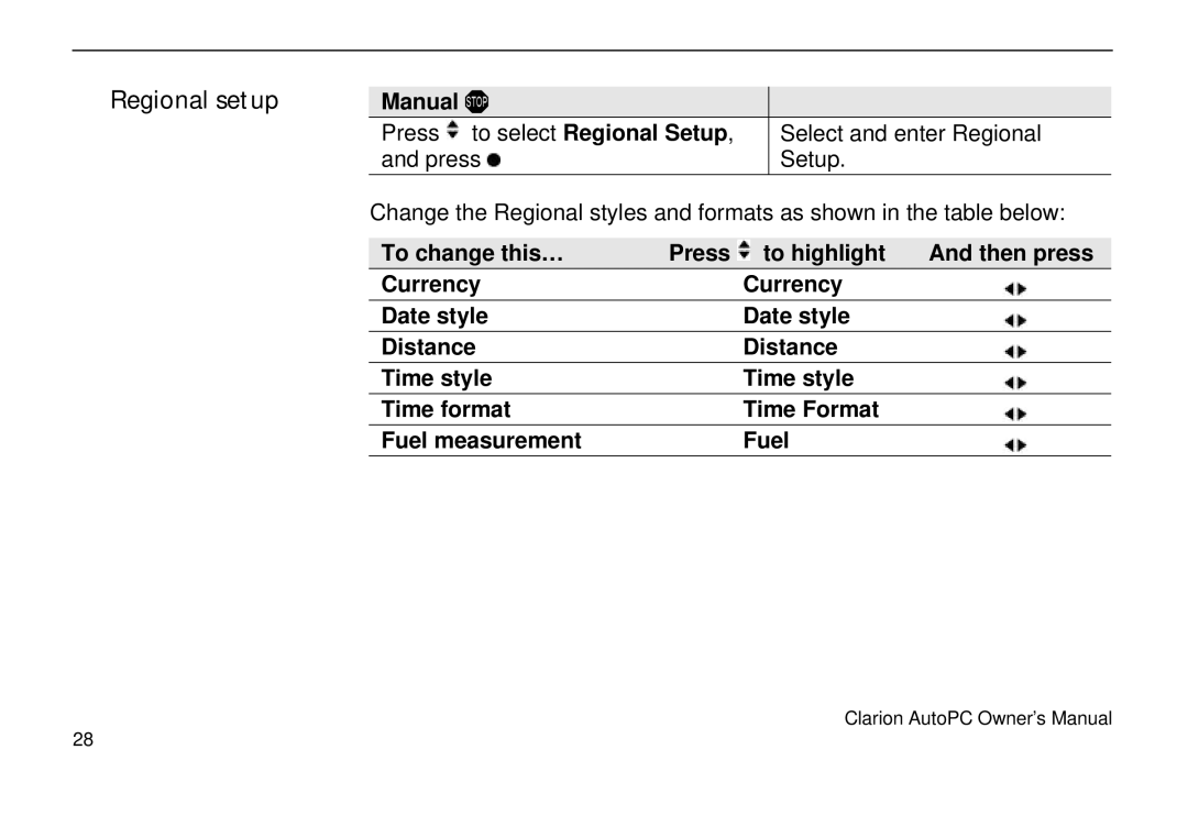 Clarion 310C owner manual Regional setup 