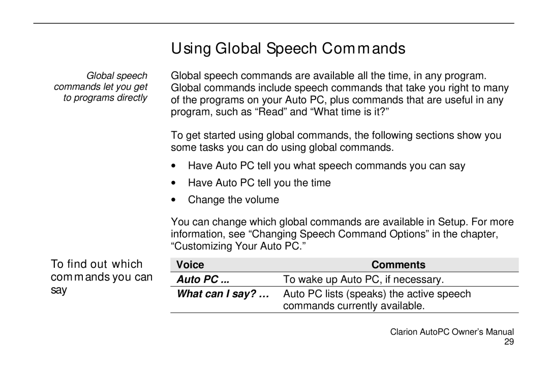 Clarion 310C owner manual Using Global Speech Commands, To find out which commands you can say, Voice Comments, Auto PC 