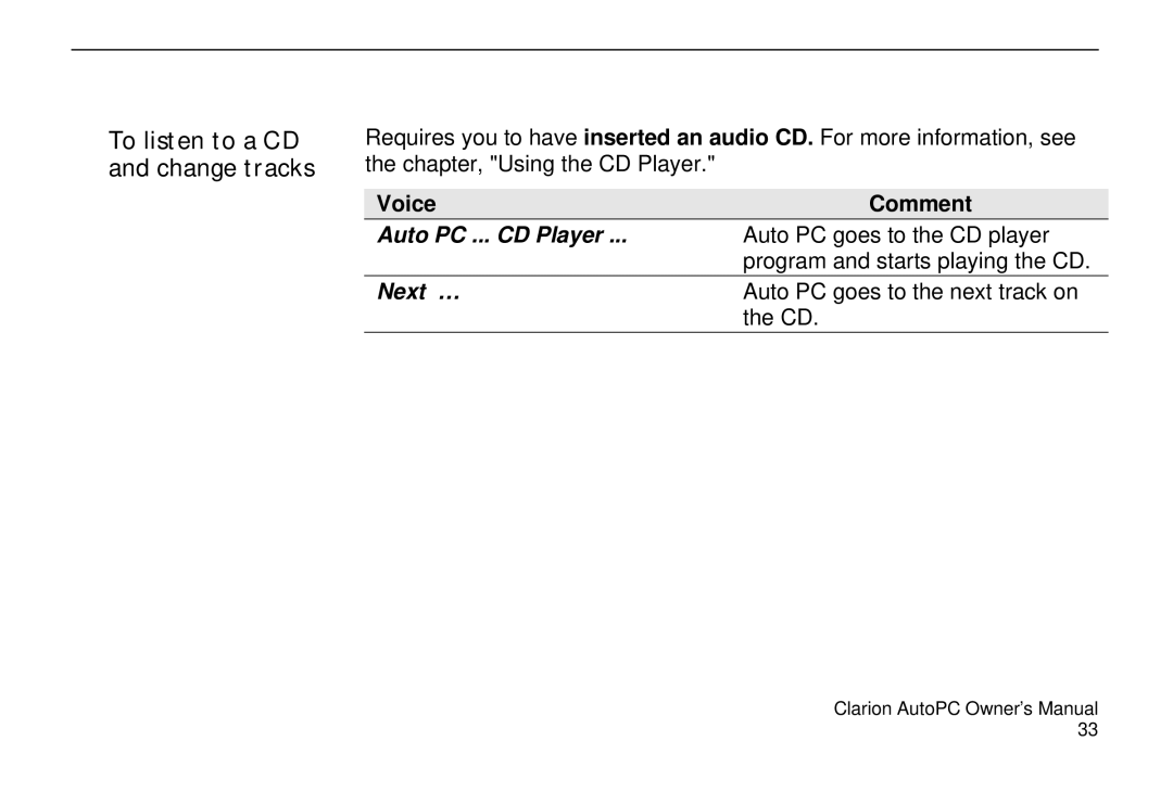 Clarion 310C owner manual Auto PC ... CD Player, Next … 