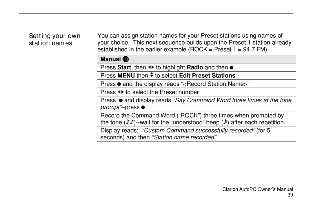 Clarion 310C owner manual Press Menu then to select Edit Preset Stations 