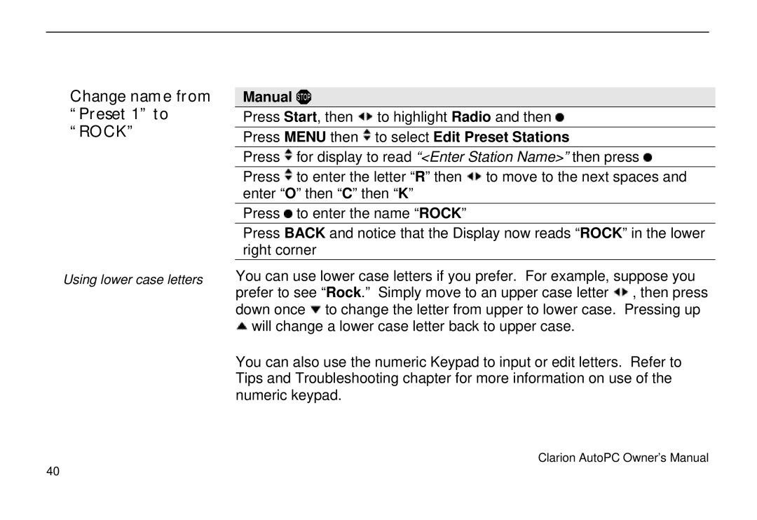 Clarion 310C owner manual Change name from Preset 1 to Rock 