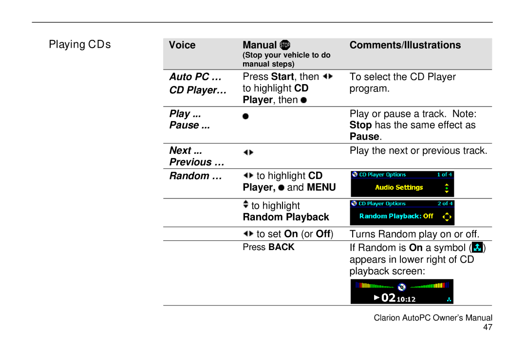 Clarion 310C owner manual Playing CDs, Pause, Next, Previous … Random … 