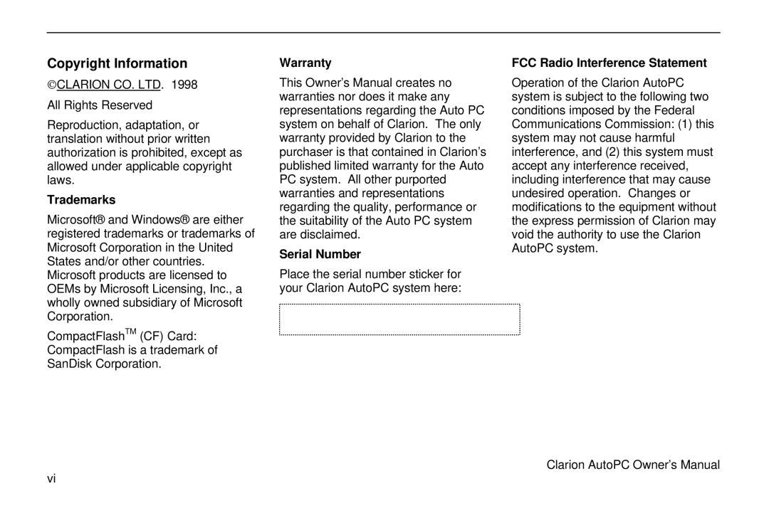 Clarion 310C owner manual Copyright Information 