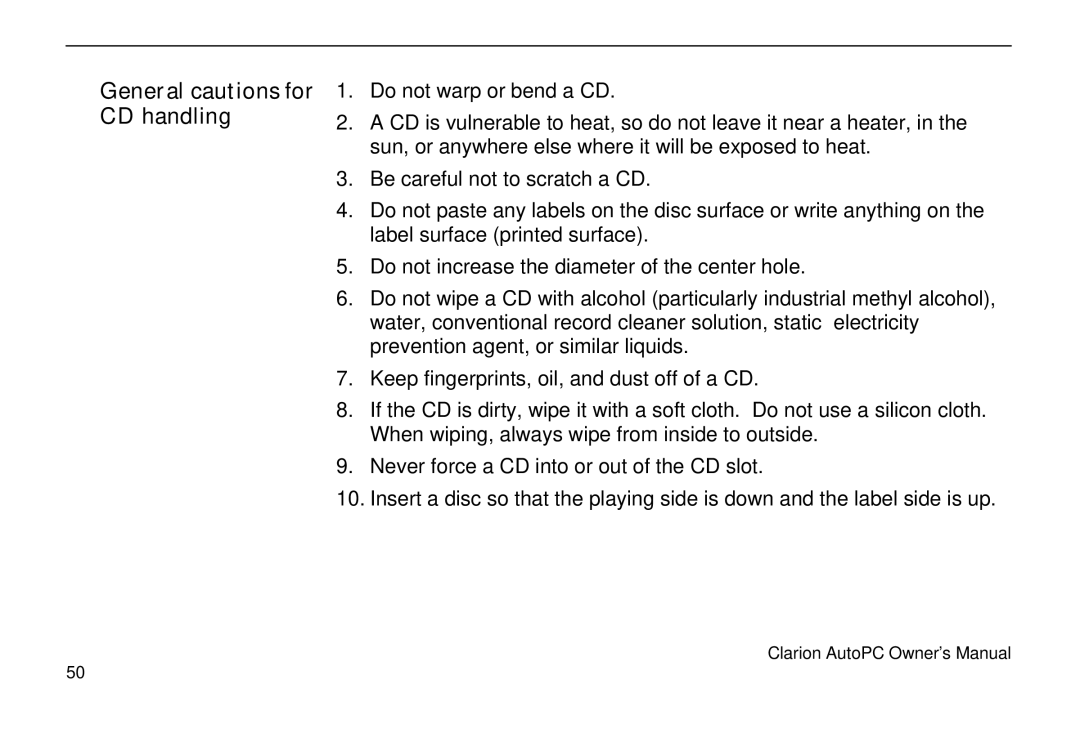 Clarion 310C owner manual General cautions for CD handling 