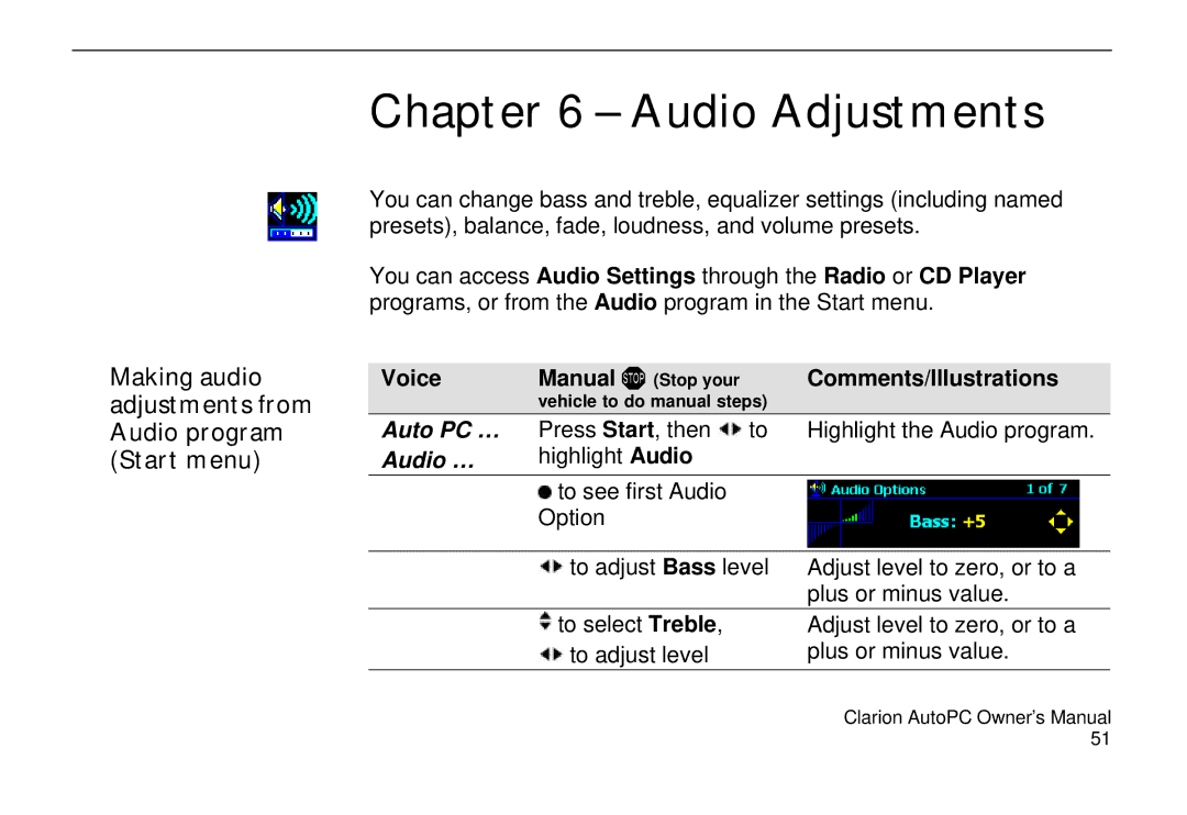 Clarion 310C owner manual Audio Adjustments, Making audio adjustments from Audio program Start menu, Audio … 