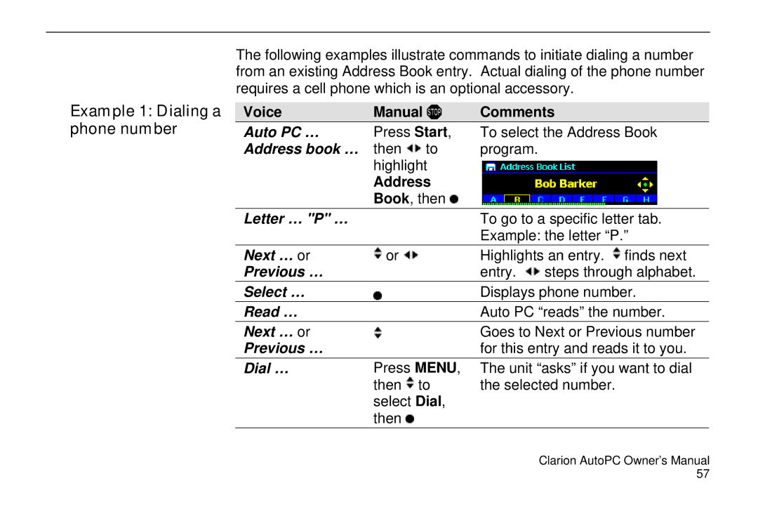 Clarion 310C owner manual Example 1 Dialing a phone number, Voice Manual Comments, Address, Letter … P …, Dial … 