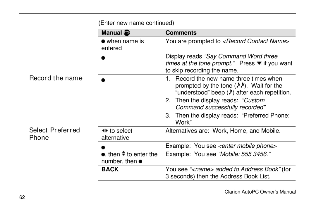 Clarion 310C owner manual Record the name Select Preferred Phone, Times at the tone prompt. Press if you want 