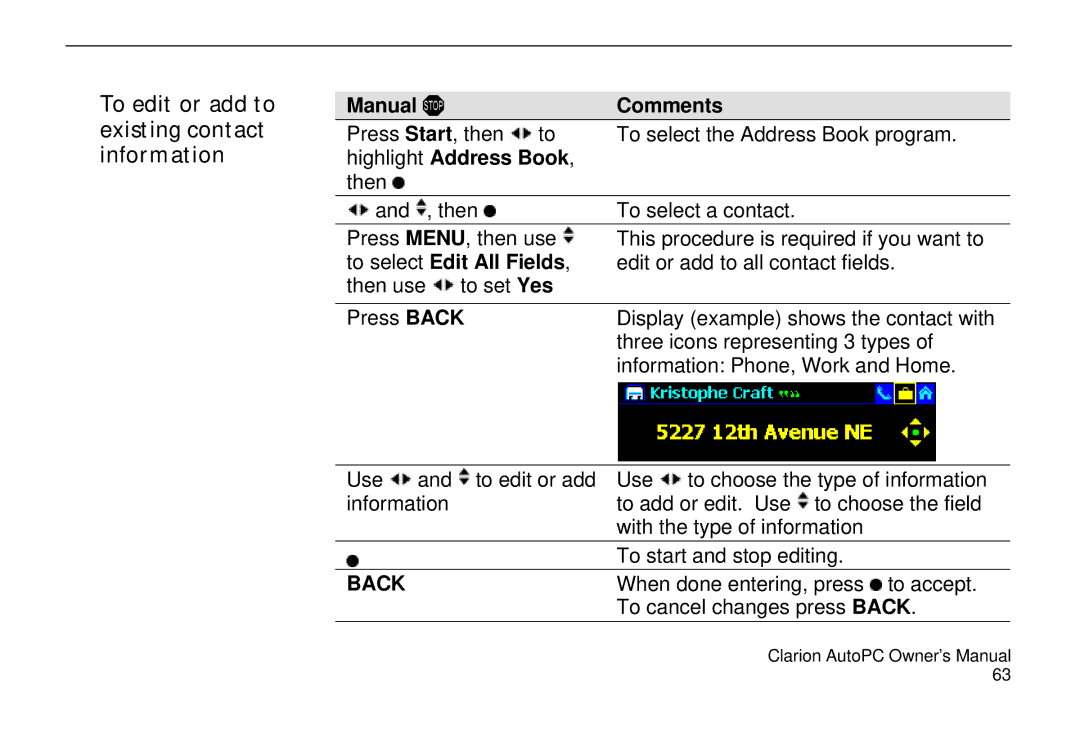 Clarion 310C owner manual To edit or add to existing contact information, To select Edit All Fields 