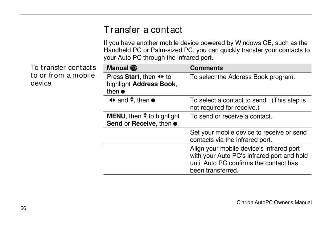 Clarion 310C owner manual Transfer a contact, To transfer contacts to or from a mobile device, Send or Receive, then 