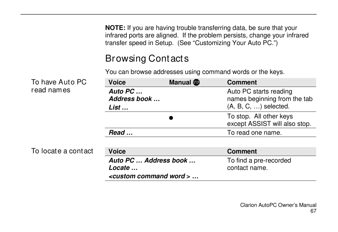 Clarion 310C owner manual Browsing Contacts, To have Auto PC read names To locate a contact, Auto PC … Address book … 