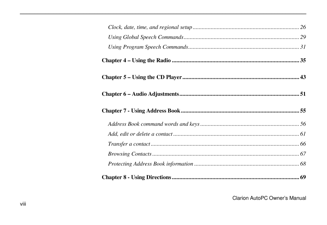 Clarion 310C owner manual Viii 