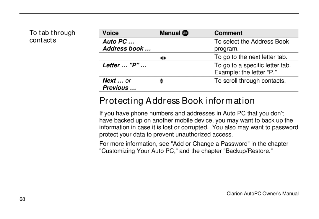 Clarion 310C owner manual Protecting Address Book information, To tab through contacts 