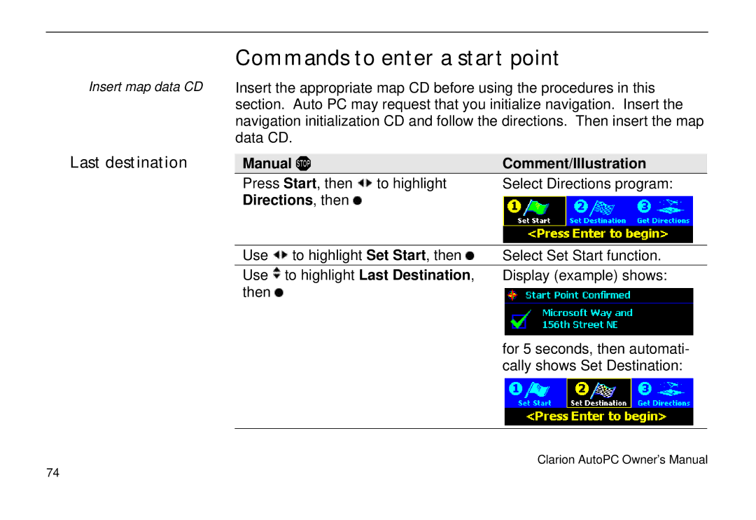 Clarion 310C owner manual Commands to enter a start point, Last destination, Manual Comment/Illustration, Directions, then 