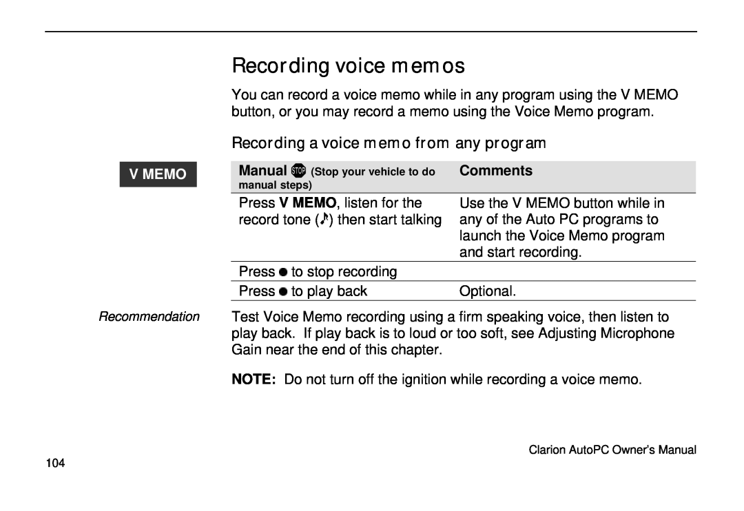 Clarion 310C owner manual Recording voice memos, Recording a voice memo from any program, V Memo 