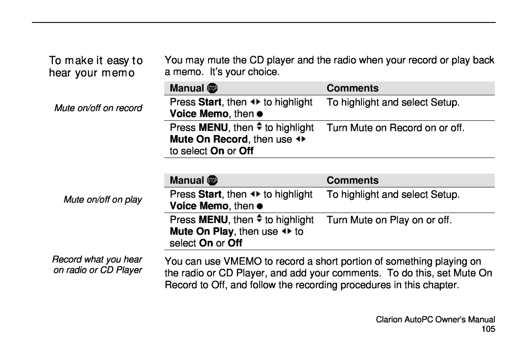 Clarion 310C owner manual To make it easy to hear your memo, Voice Memo, then, Mute On Record, then use, Manual, Comments 