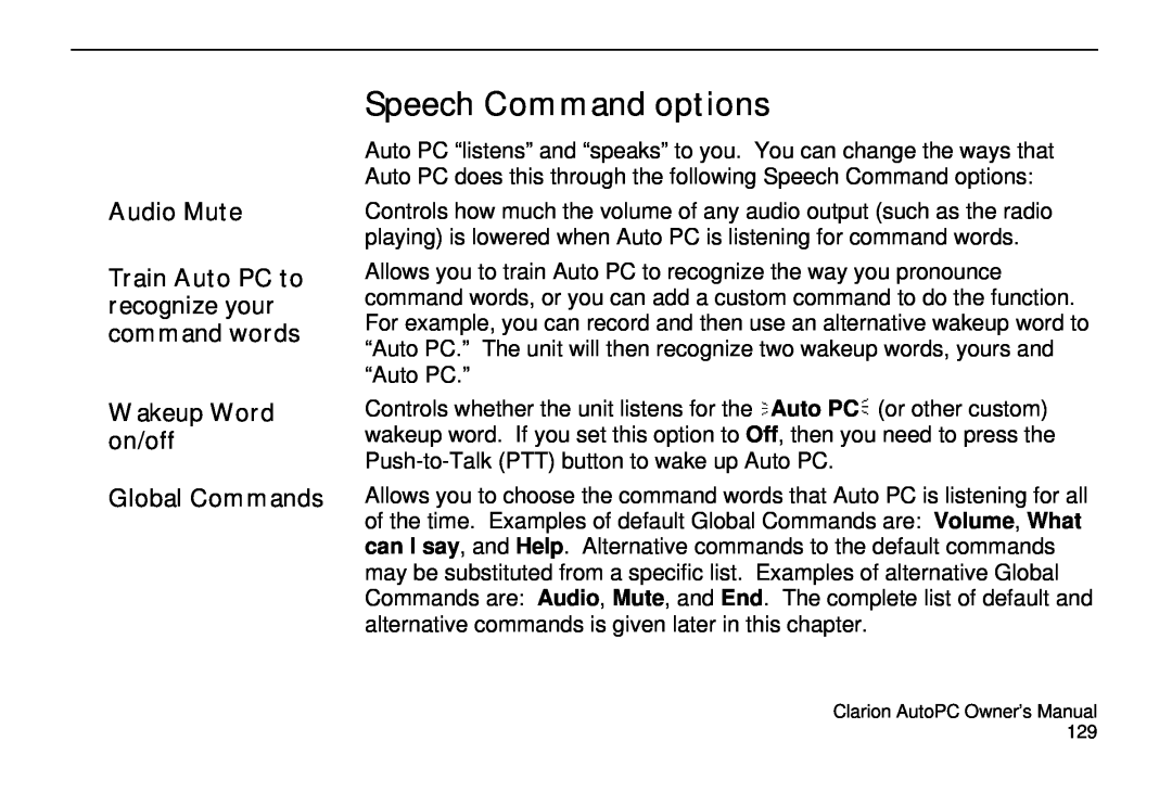 Clarion 310C owner manual Speech Command options, Audio Mute, Train Auto PC to recognize your command words 