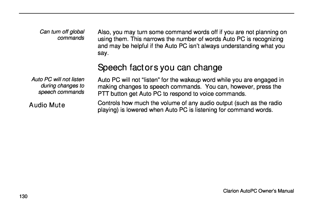 Clarion 310C owner manual Speech factors you can change, Audio Mute, Can turn off global commands 