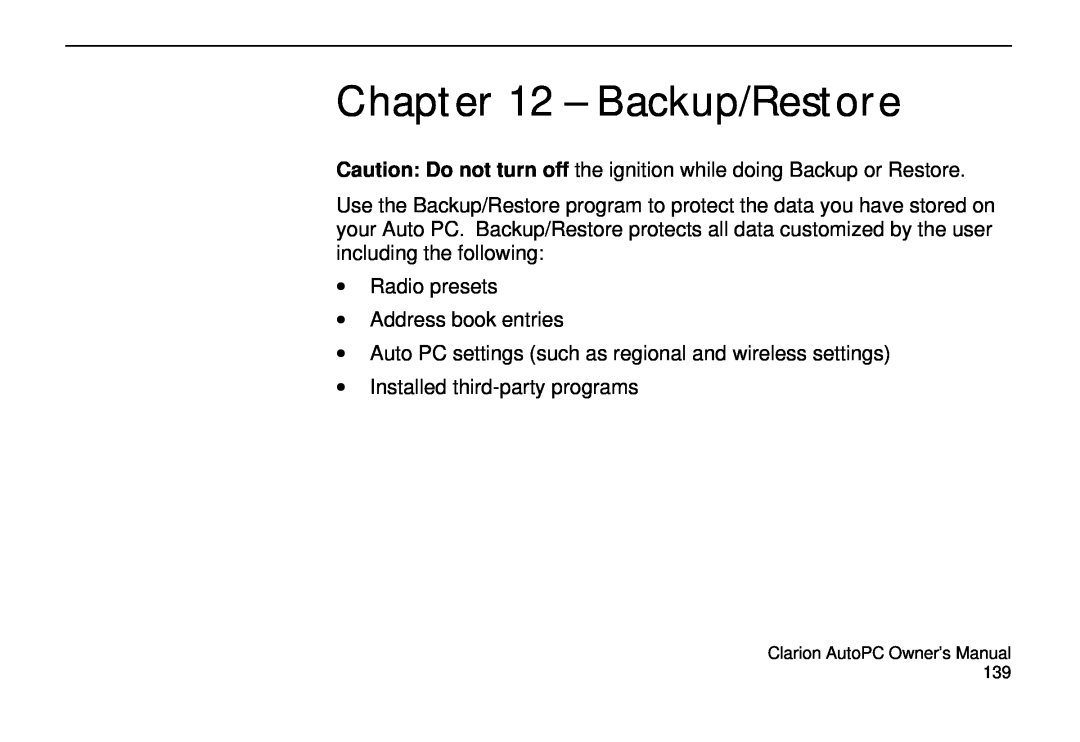Clarion 310C owner manual Backup/Restore 