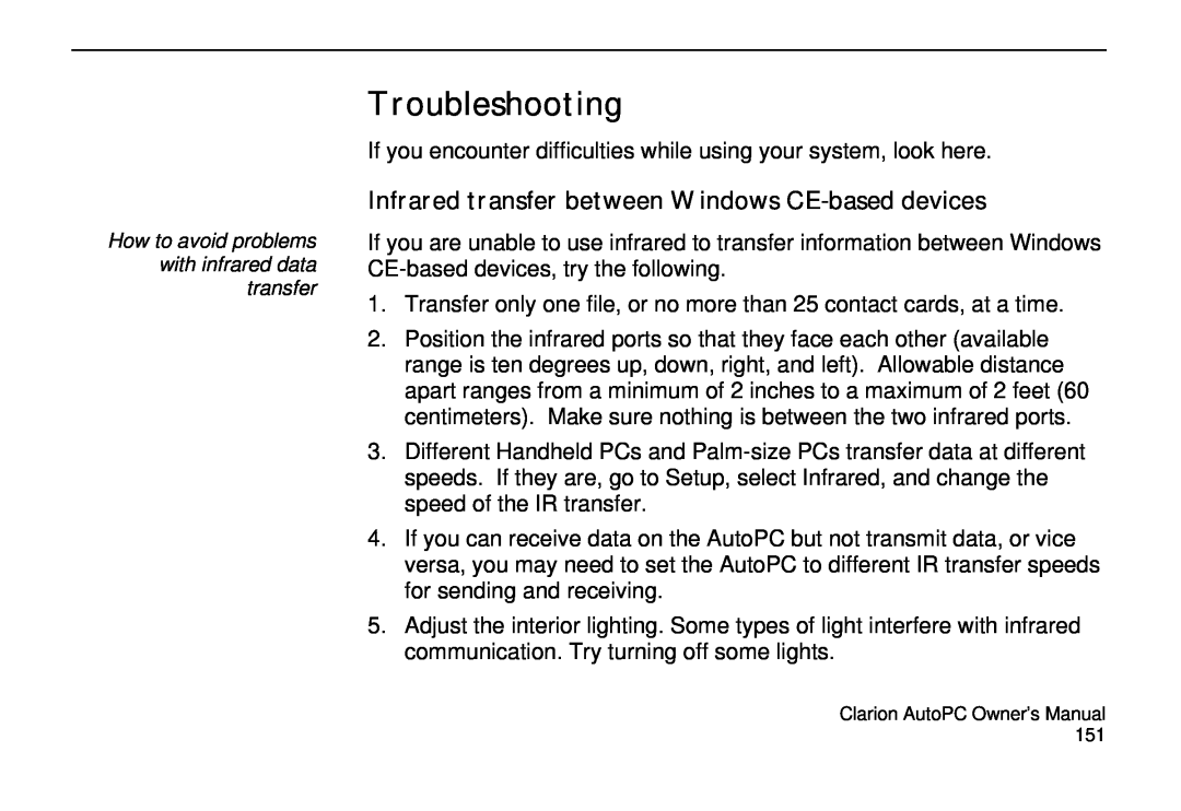 Clarion 310C owner manual Troubleshooting, Infrared transfer between Windows CE-baseddevices 