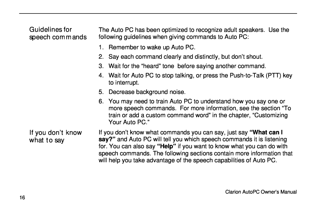 Clarion 310C owner manual If you don’t know what to say, Guidelines for speech commands 