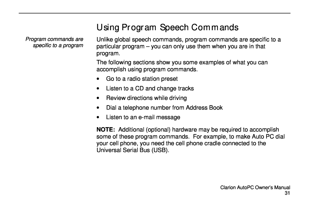 Clarion 310C owner manual Using Program Speech Commands 