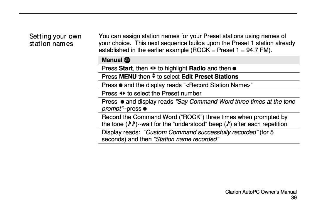 Clarion 310C owner manual Press MENU then to select Edit Preset Stations, Manual 