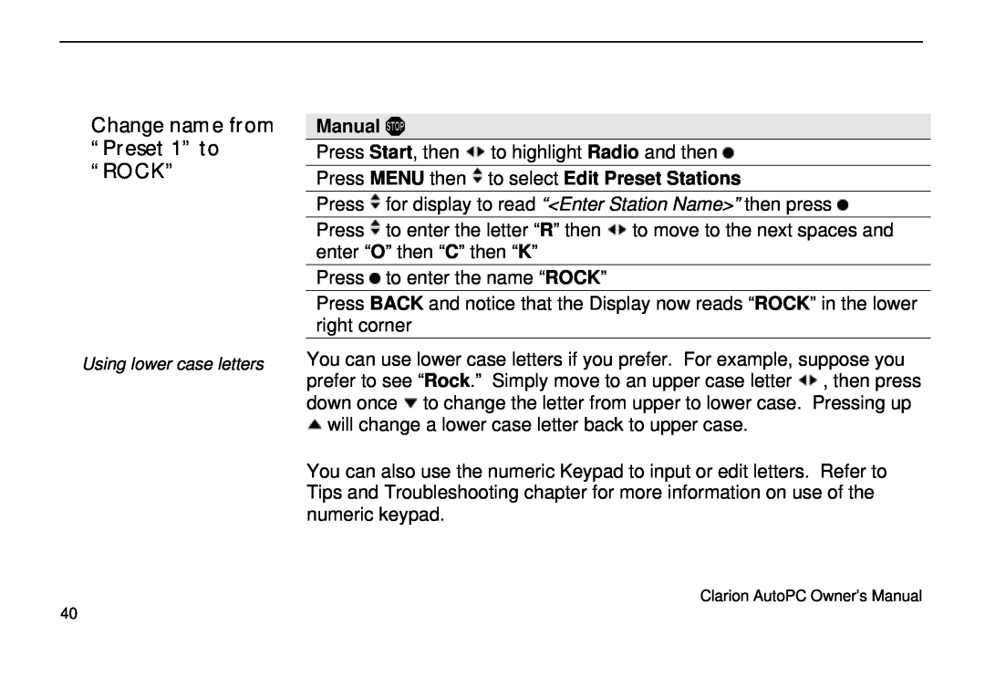 Clarion 310C owner manual Change name from “Preset 1” to “ROCK”, Manual, Press MENU then to select Edit Preset Stations 