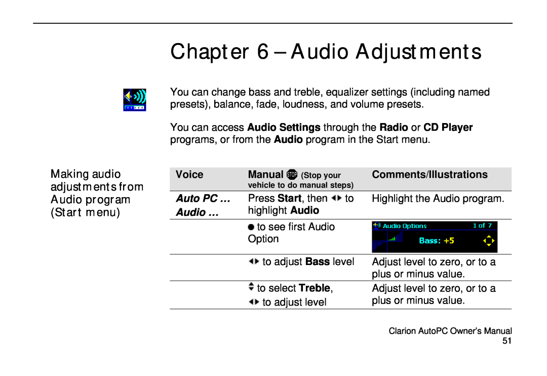 Clarion 310C owner manual Audio Adjustments, Voice, Comments/Illustrations, Auto PC …, Audio … 